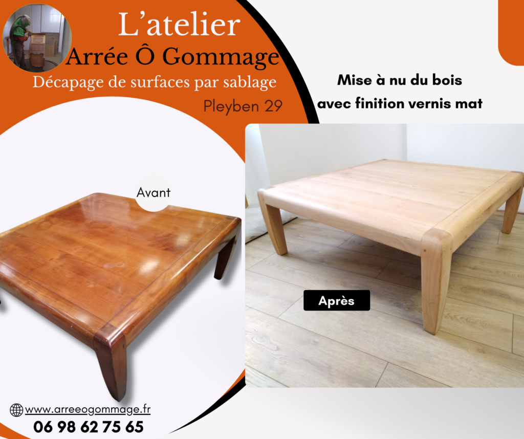 Table en bois avant et après sablage réalisé par Arrée Ô Gommage à Pleyben